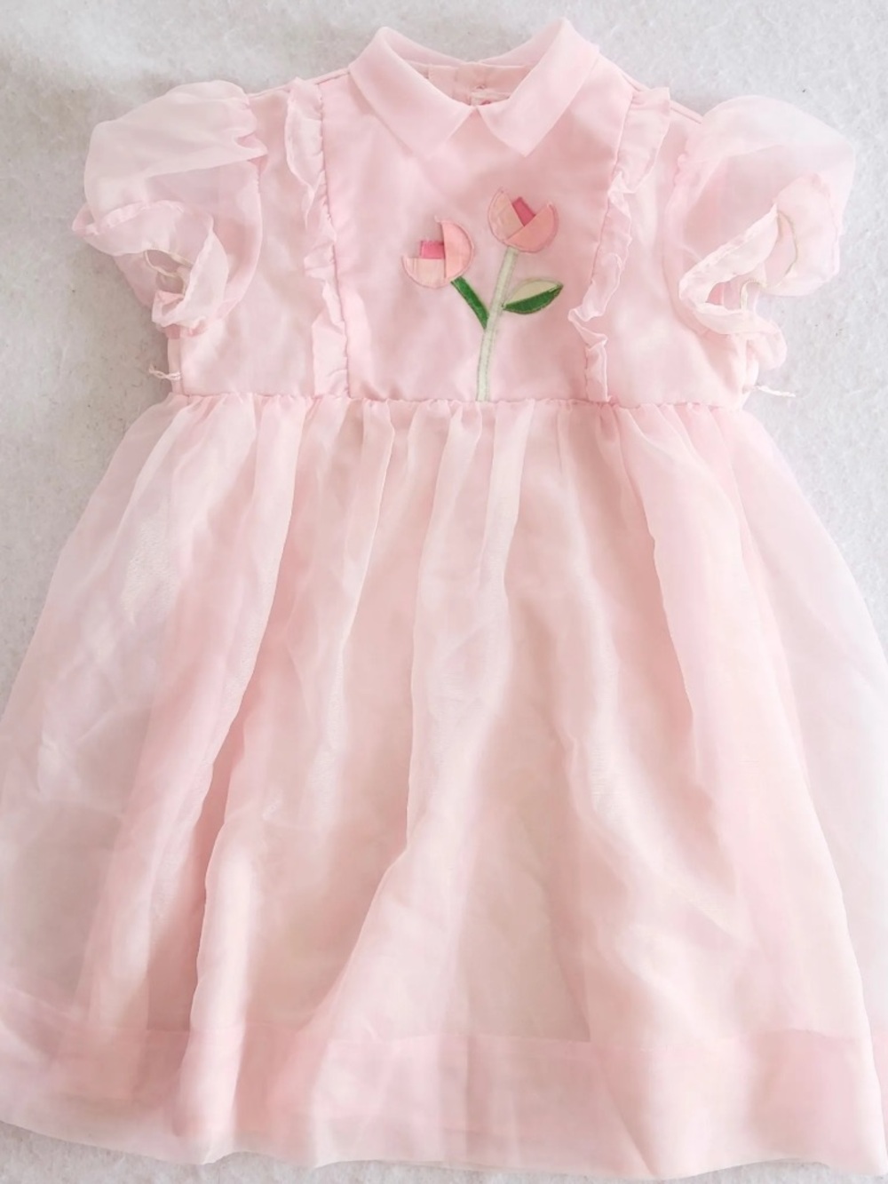 Vintage Ruth of Carolina Pink Tulip Organza Dress, size 6X Ruffle Detail